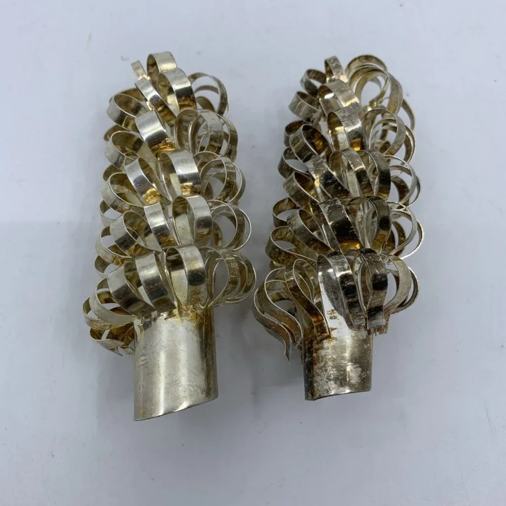 Vintage Brass Ribbon Loop Slim Taper Candle Covers 4.5” Tall MCM Pair - Picture 1 of 5